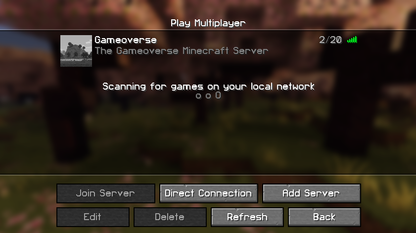 Gameoverse server listed in Minecraft's Multiplayer menu