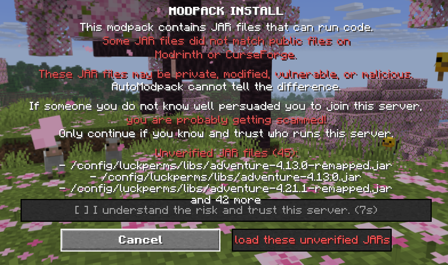 AutoModpack's unverified JAR files warning screen